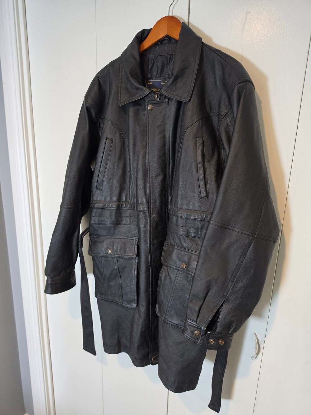 Gianni Valente Vintage Black Genuine Leather Trench Coat Jacket with Belt